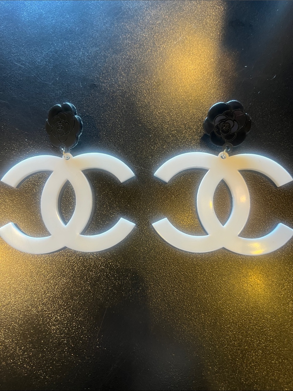 CHANEL Black Camellia Stud with White CC Logo Drop Earrings